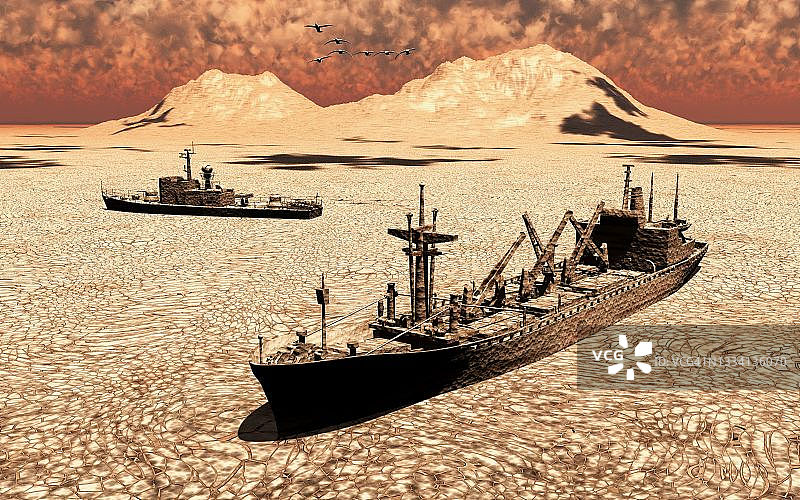 搁浅在干涸海床上的船只图片素材