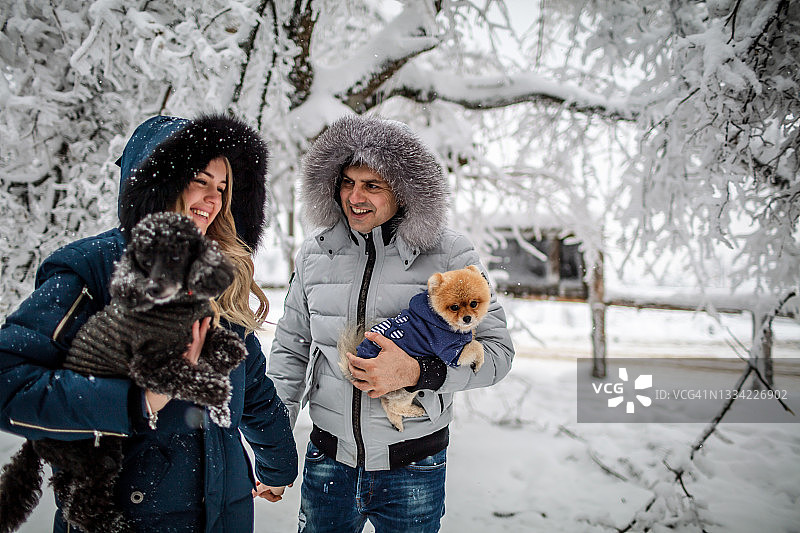 幸福夫妇在雪地里玩耍图片素材