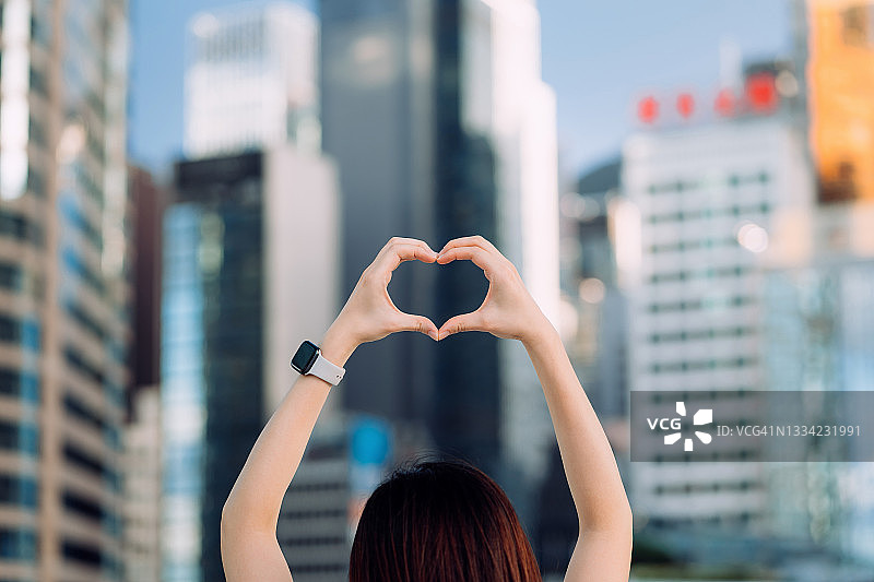 女性在城市天际线上方用手比心的特写镜头图片素材