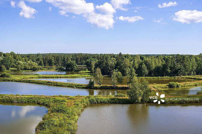 从通往鲤鱼池的梯子望出去：德国巴伐利亚州蒂尔申罗伊特图片素材