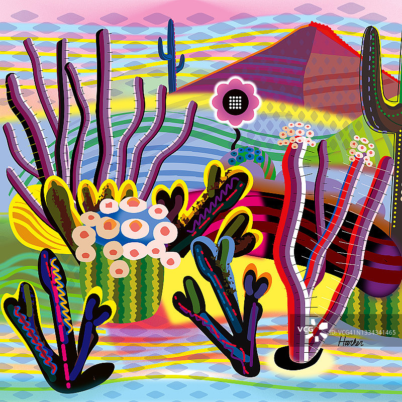 奇幻沙漠仙人掌远山风景插画图片素材