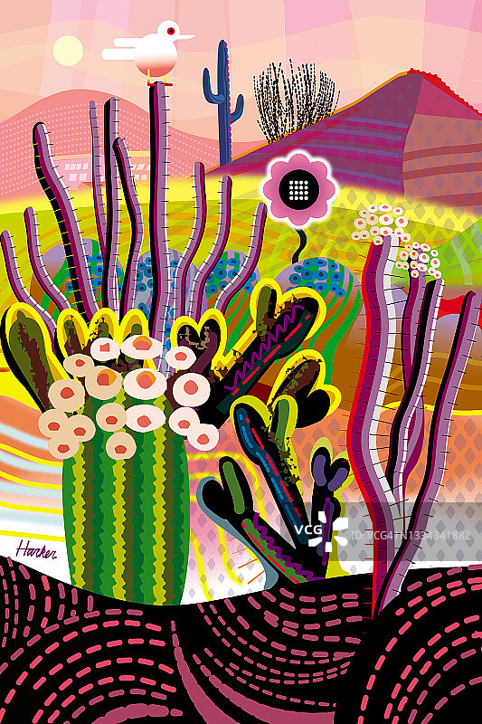 粉色沙漠，仙人掌，远山景观奇幻插画图片素材