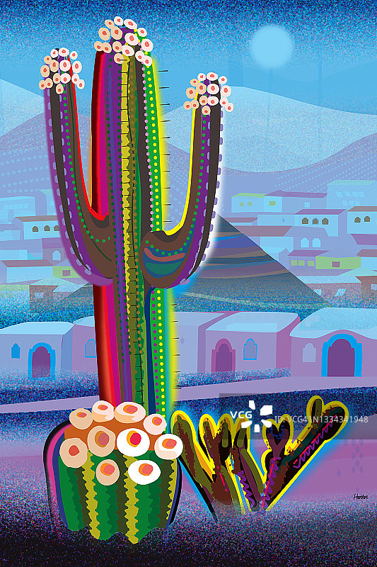 夜间蓝色沙漠，仙人掌和村庄景观插画图片素材