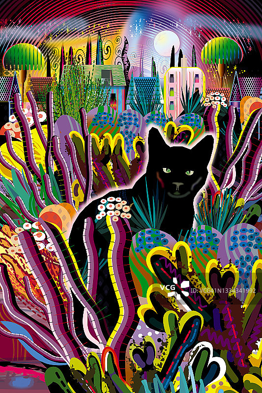 花园幻想中的黑猫，背景是夜晚的城市建筑和月光天空插画图片素材