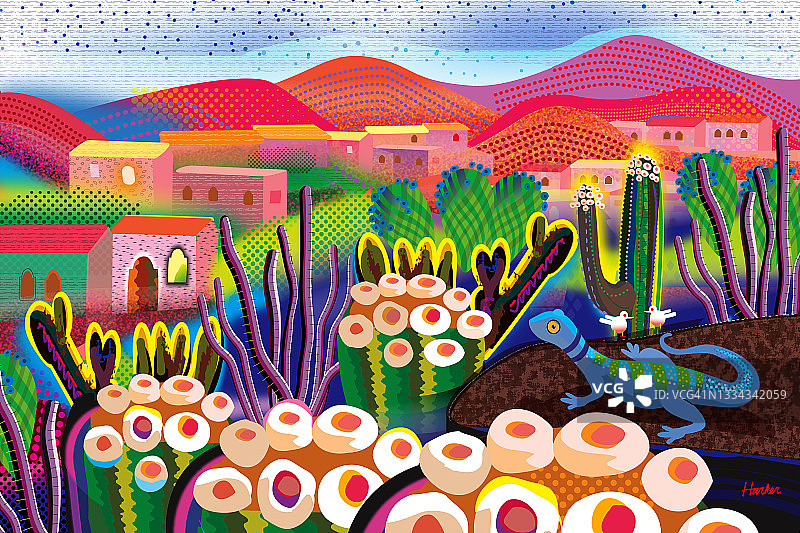 红色花园沙漠村庄房屋山脉景观插画图片素材