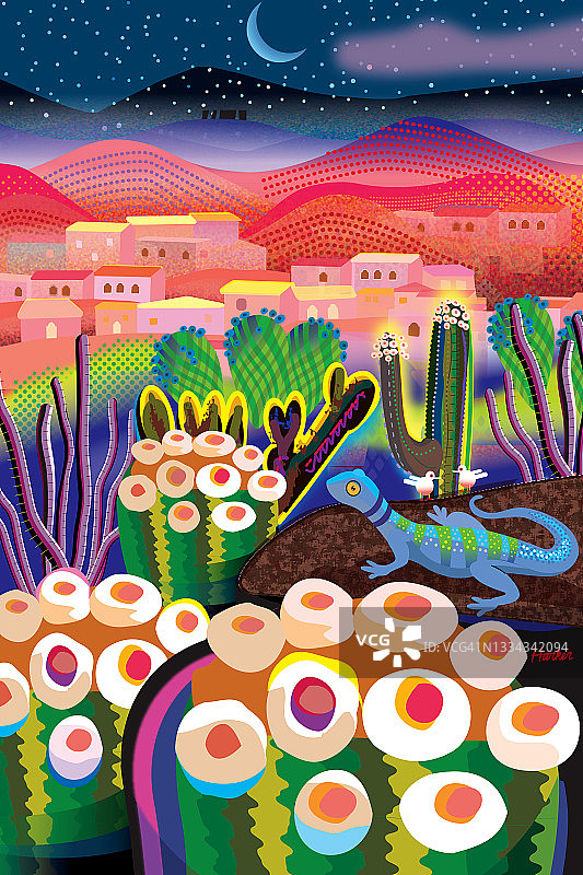 沙漠村庄的开花仙人掌夜景插画图片素材