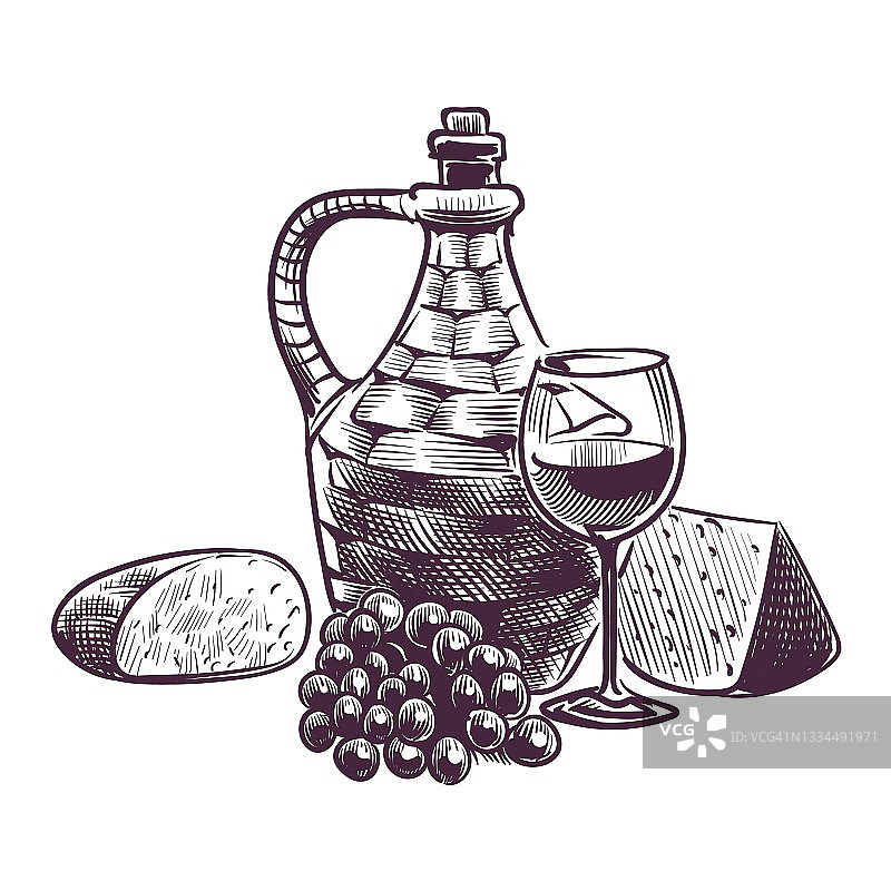葡萄酒草图。手绘酿酒成分，经典酒精饮料。瓶子和玻璃杯与葡萄饮料，面包和奶酪，带叶子的葡萄枝，矢量隔离插图图片素材