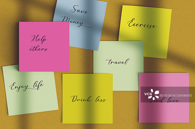 健康生活方式和幸福概念：一套励志提醒便笺图片素材