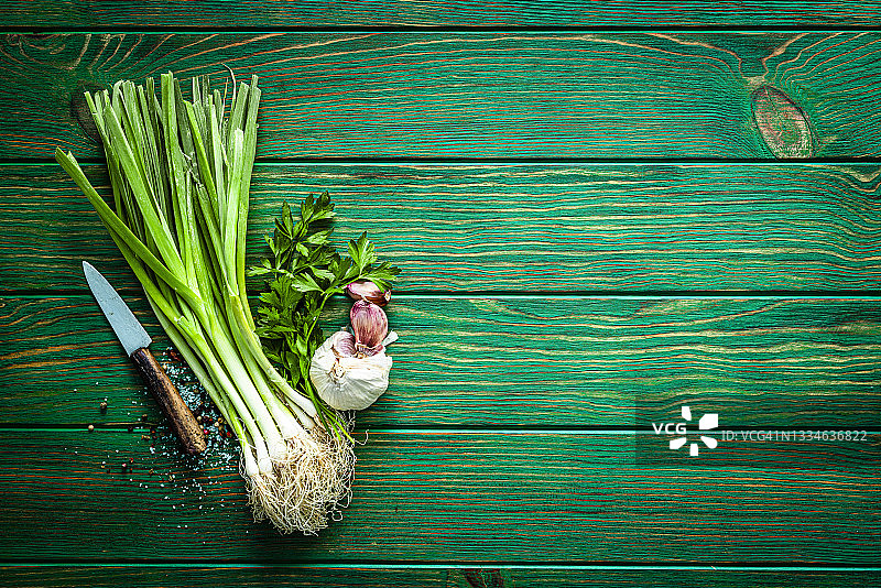 新鲜大葱、欧芹、大蒜和盐。留白图片素材