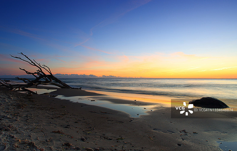 海滩日落与浮木图片素材