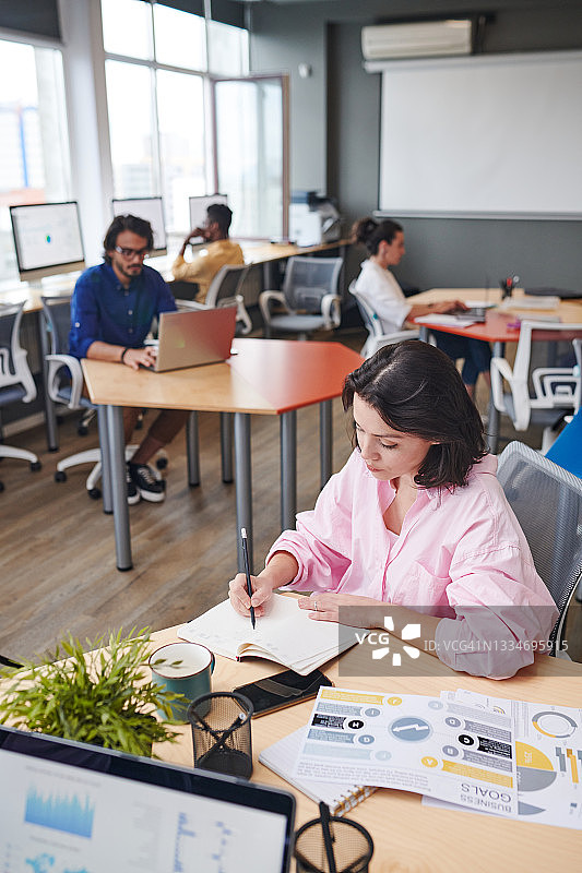 忙碌的年轻白人女性坐在联合办公空间的桌子旁，一边分析商业图表一边在日记中做笔记图片素材