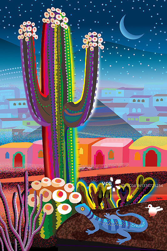 夜间沙漠小镇、开花仙人掌和壁虎景观插画图片素材