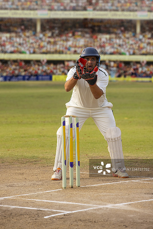 体育场比赛中， विकेटकीपर 接住投向 विकेट 的球图片素材