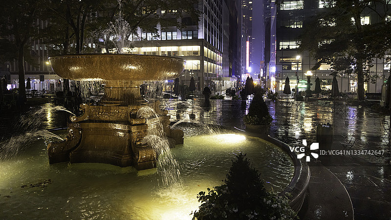 雨夜曼哈顿布莱恩特公园倒影：约瑟芬·洛厄尔纪念喷泉与摩天大楼图片素材