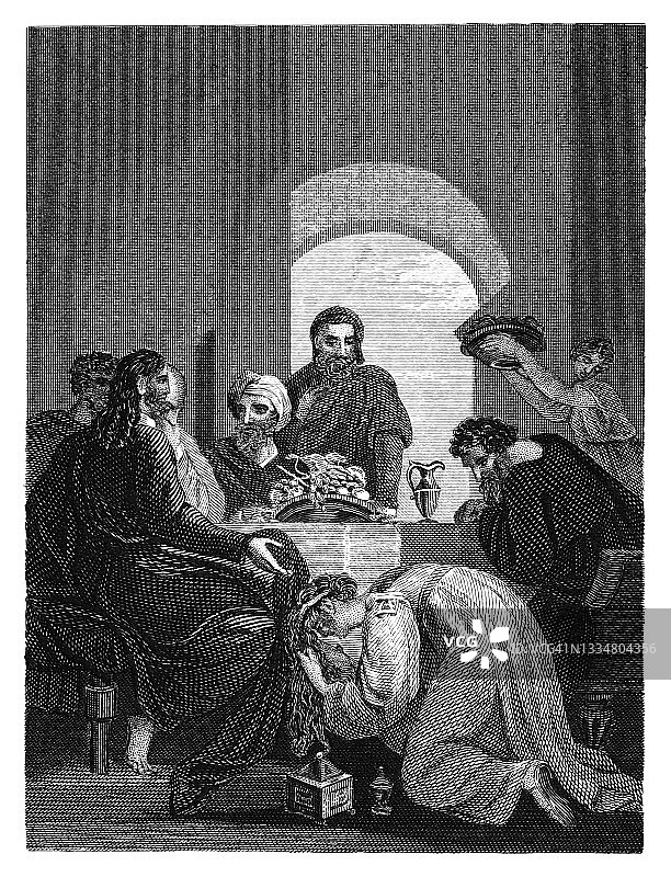 古董雕刻插图：玛丽为耶稣洗脚图片素材