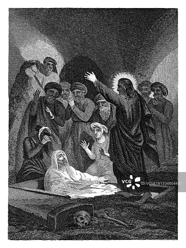 拉撒路复活的古老版画插图图片素材