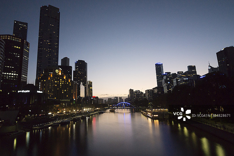 澳大利亚维多利亚州，墨尔本城市摩天大楼在黄昏时分倒映在亚拉河上的灯光图片素材