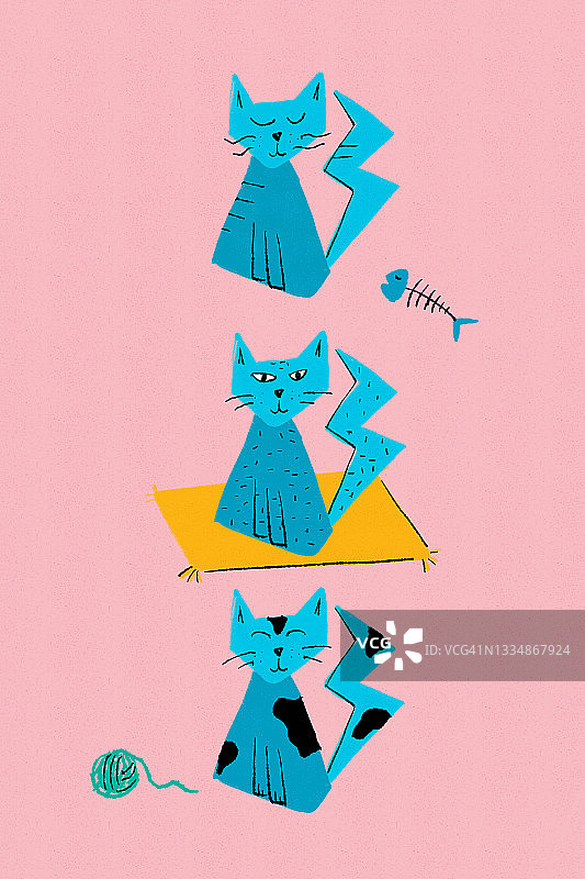 粉色背景上的复古蓝色猫咪图案图片素材