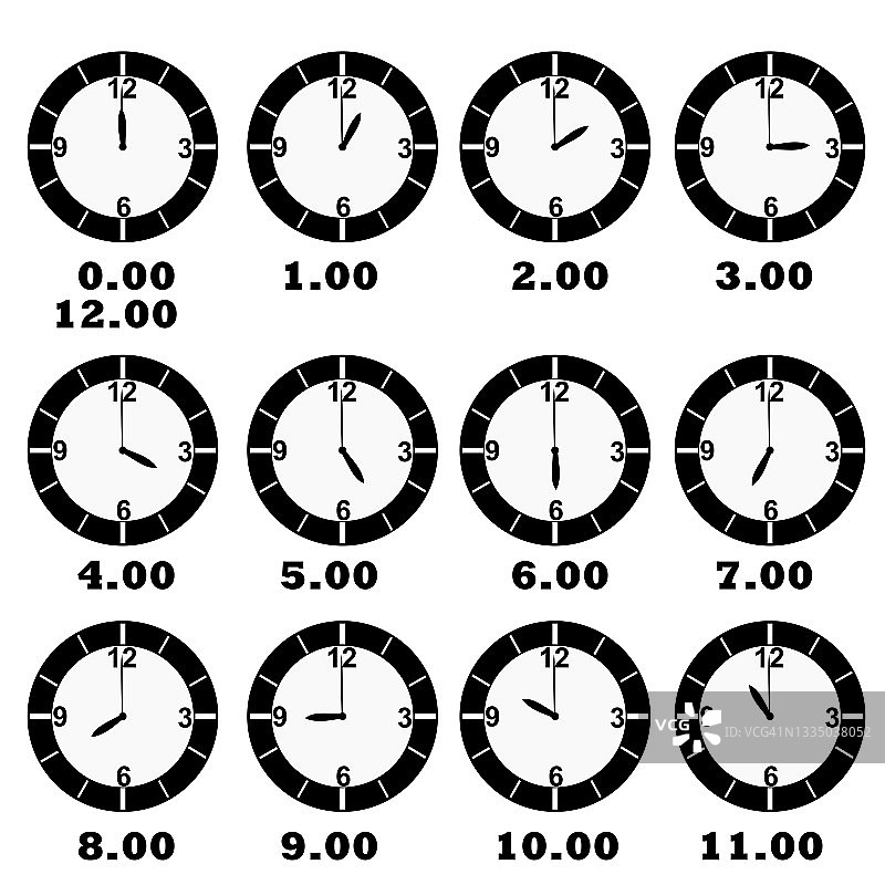 不同时间（1点到12点）的挂钟矢量素材图片素材