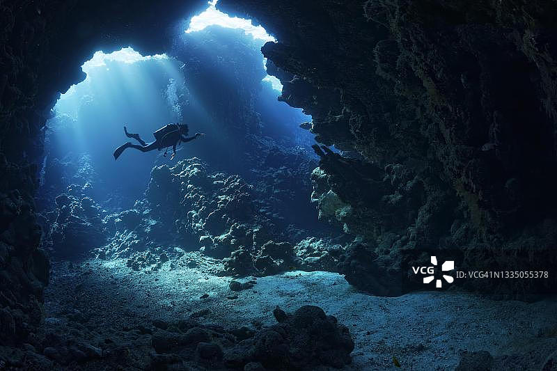 阳光穿透珊瑚礁洞穴顶部的礁石，红海图片素材