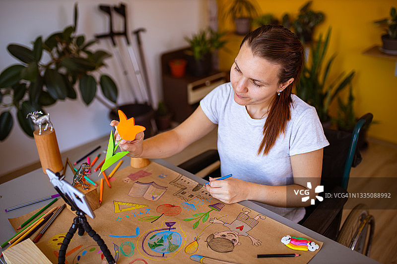 坐在轮椅上的创意女性，录制她的DIY教程，帮助家长们发挥创意，帮助他们的学生迎接开学第一天图片素材