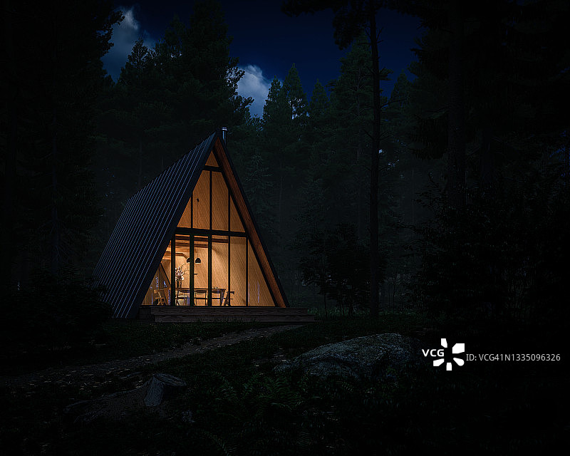 现代三角形森林房屋（夜景）图片素材