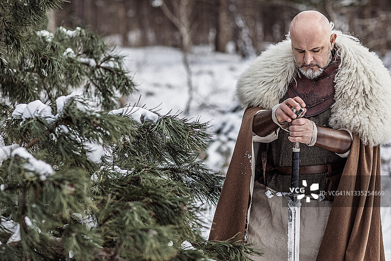 雪林中英俊的维京战士王子图片素材