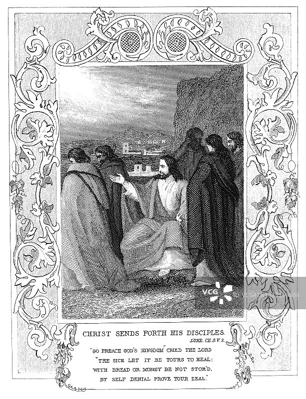 基督派遣门徒古董雕刻插图图片素材