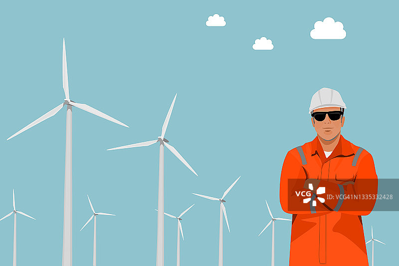 可持续能源概念插图：工程师站在风力发电场前，利用风力发电创造可再生能源背景图片素材