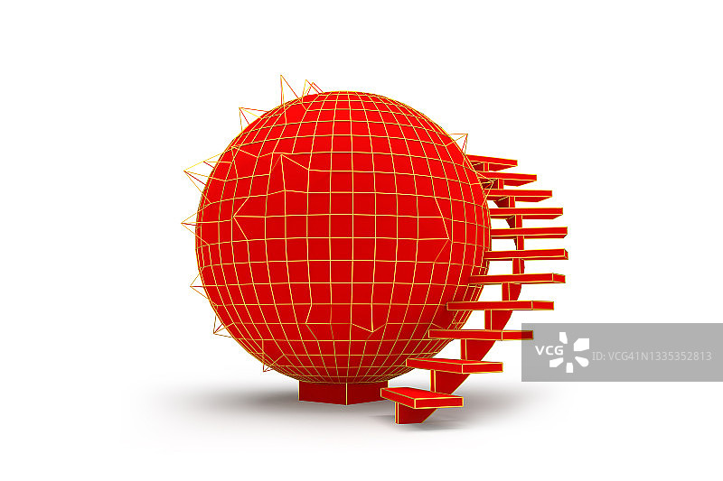 电脑生成的红色地球与楼梯和金色线框：增长与成功概念图片素材