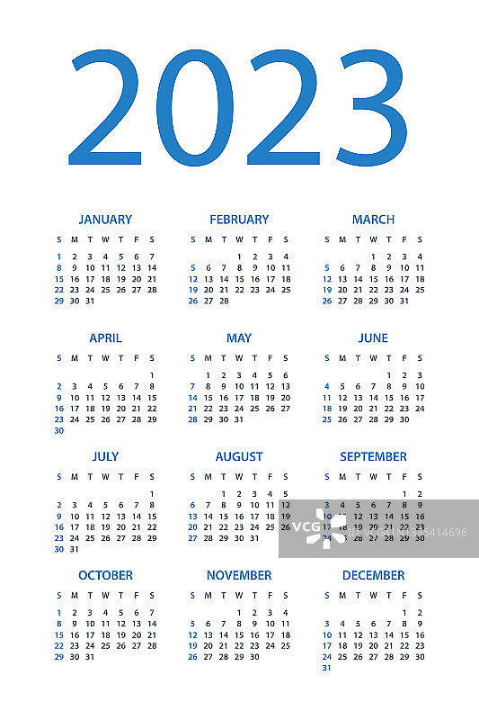 2023年日历——简约布局插画（周日为每周第一天）图片素材