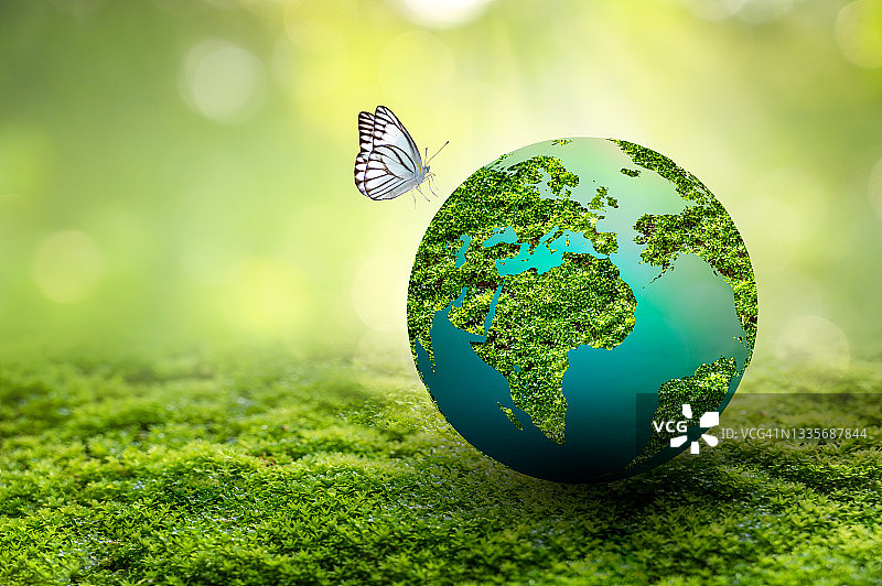 拯救世界，保护环境概念：绿色背景下的地球图片素材