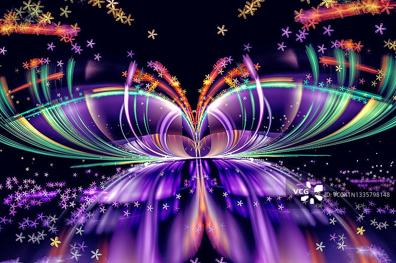 黑色背景上的抽象放射技术蝴蝶花紫色绿色分形图片素材