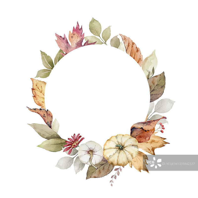 感恩节水彩矢量花环，含彩色南瓜、秋季树枝和树叶，白色背景图片素材