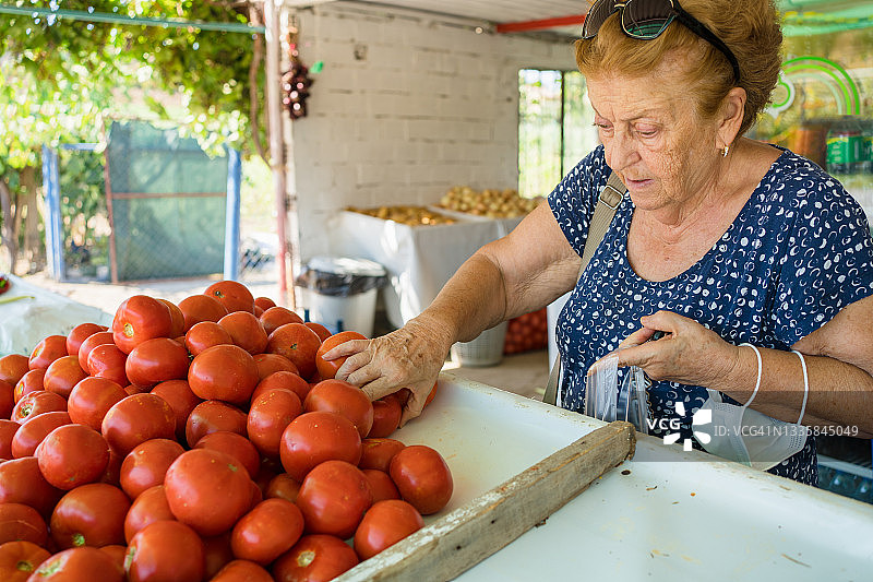 老妇人在市场上购买西红柿图片素材