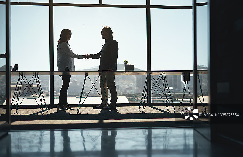 两位商务人士在办公室握手的场景图片素材