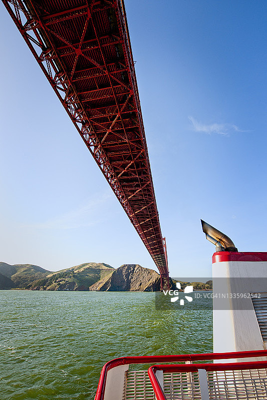 从下方仰视金门大桥和游船图片素材