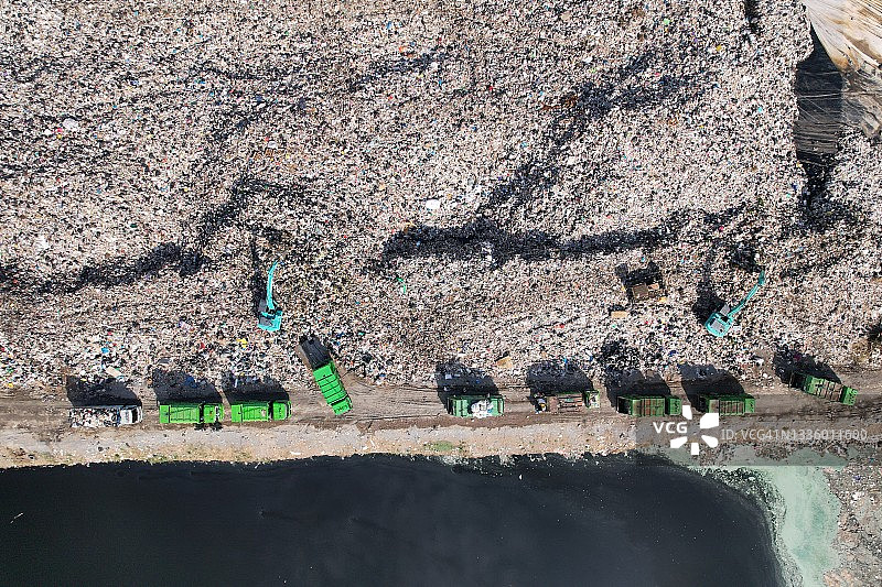 垃圾场中挖掘机作业的航拍视角图片素材