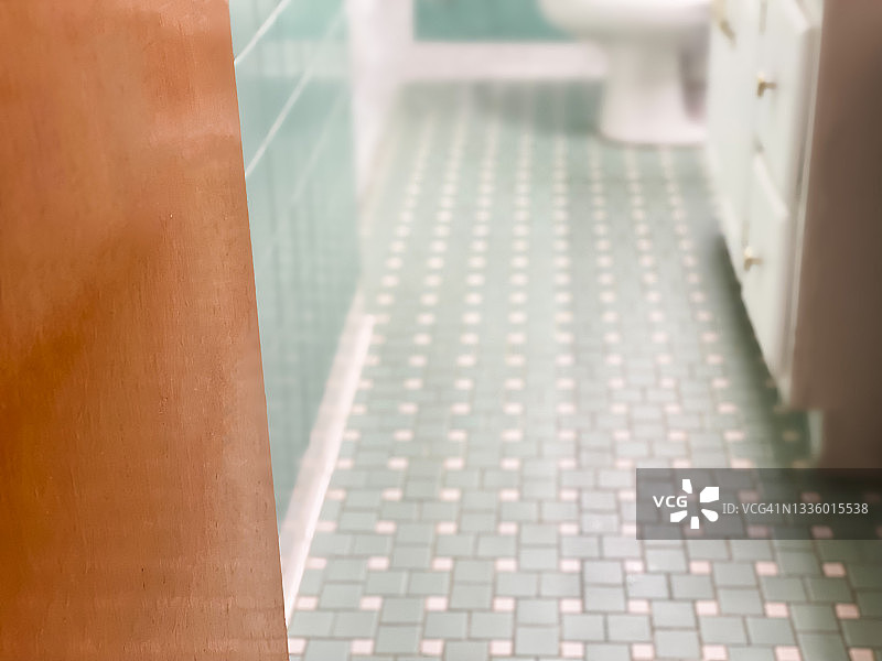 1950年代海泡绿色浴室马赛克瓷砖地板（局部视角）图片素材