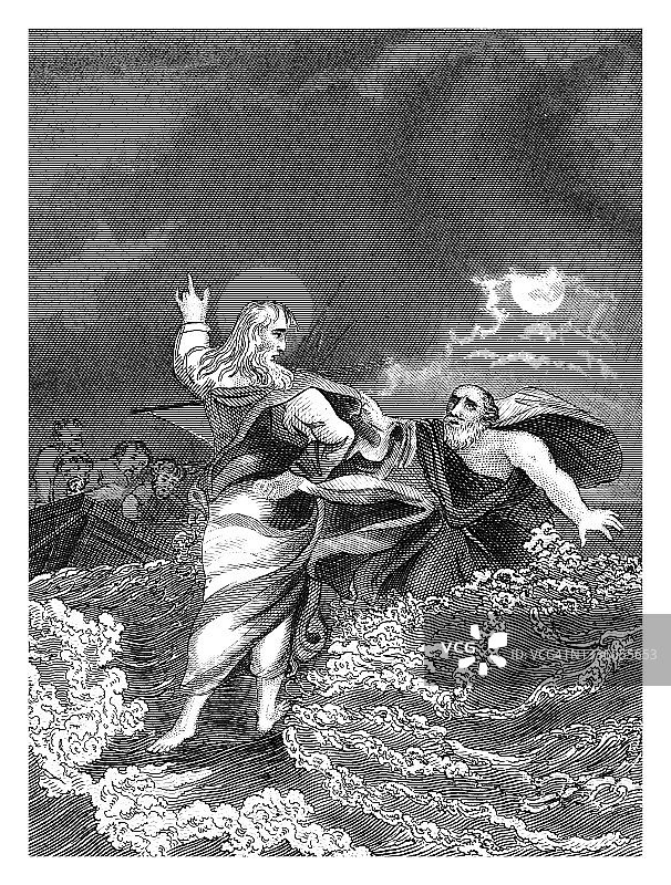 基督在海上行走的老式雕刻插图图片素材