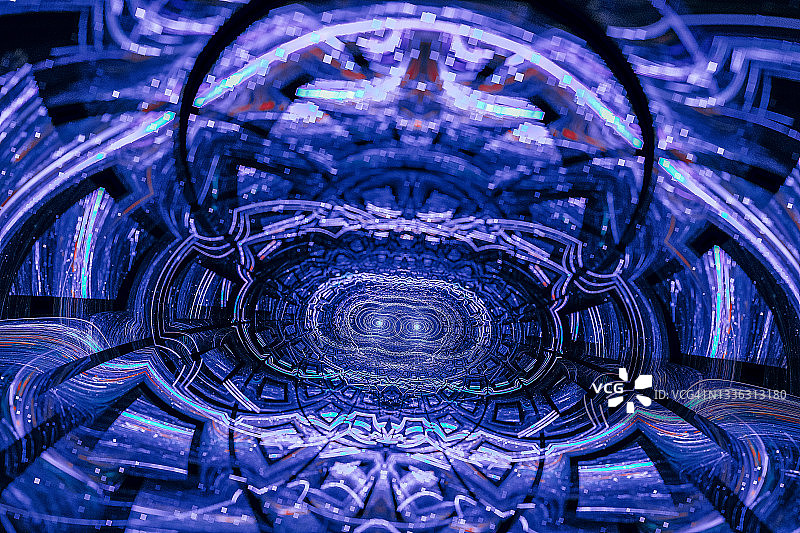 具有黑色背景的抽象宇宙飞船内部3D纹理，紫外线蓝色发光空间星系未来背景图片素材