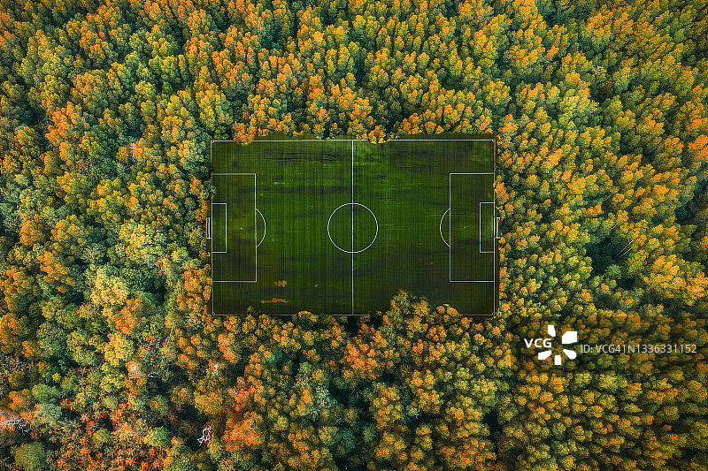 森林中秘密足球场的航拍图片素材