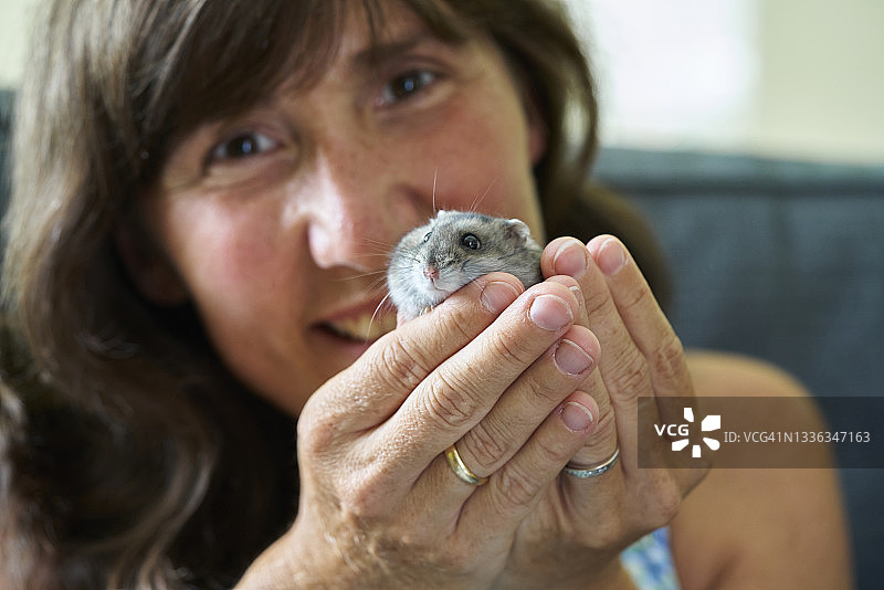 黑发女子与灰色仓鼠的特写图片素材