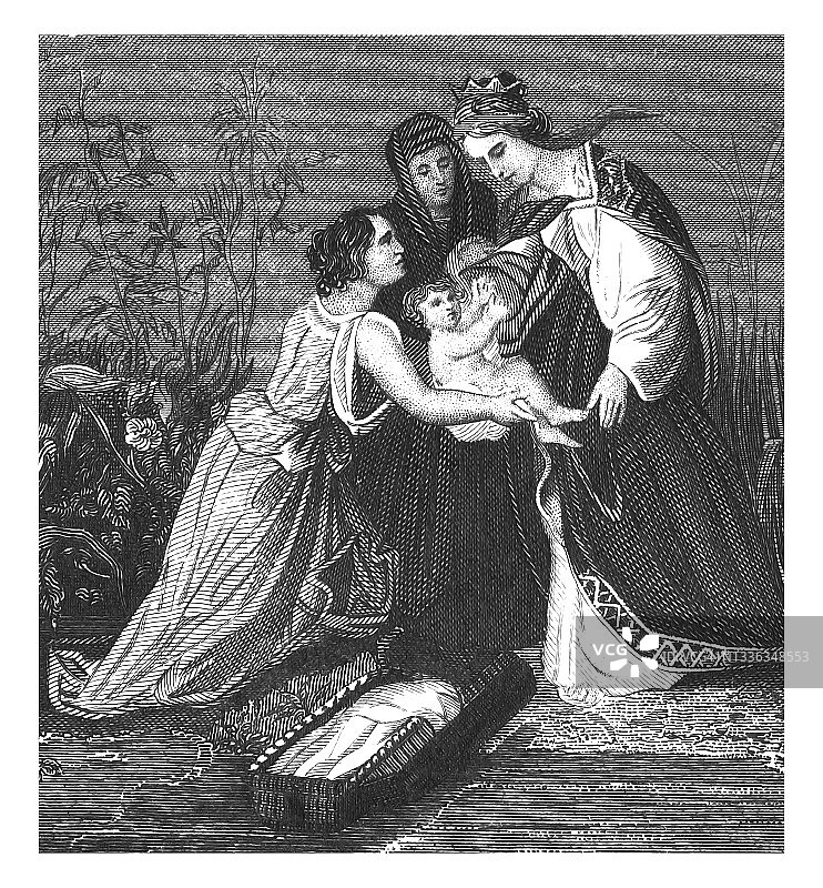 摩西获救古老雕刻插图图片素材