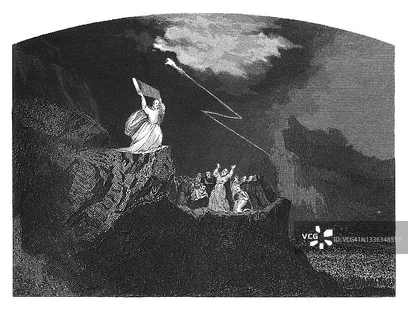 摩西砸碎石板的老式雕刻插图图片素材