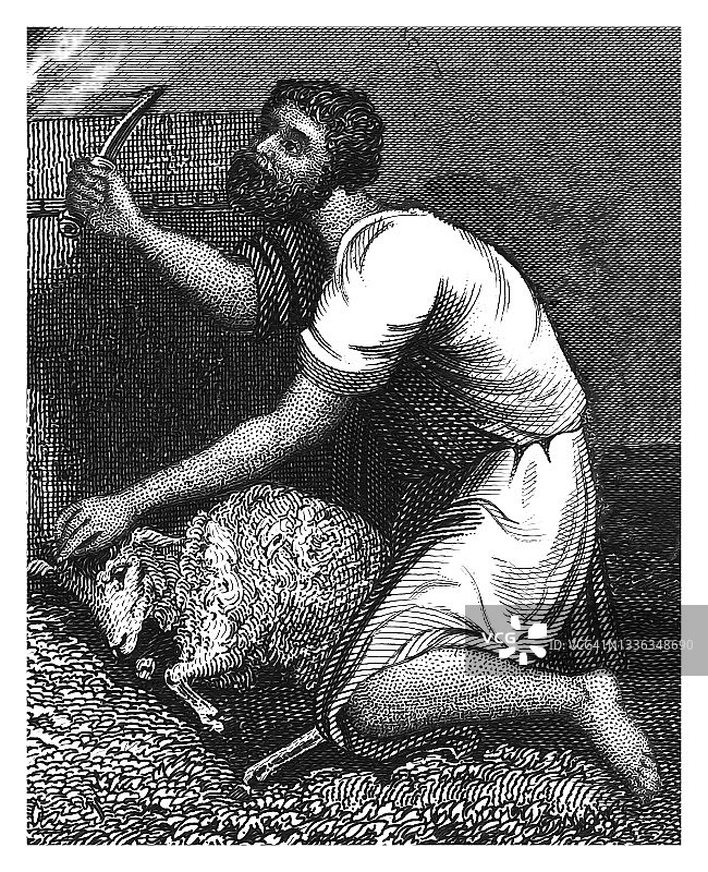 献祭羔羊的古老雕刻插图图片素材