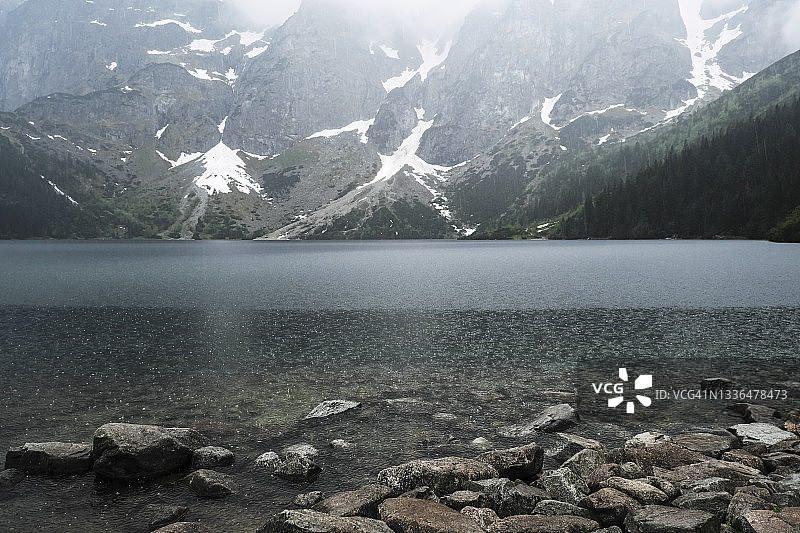 高山湖泊雨景图片素材