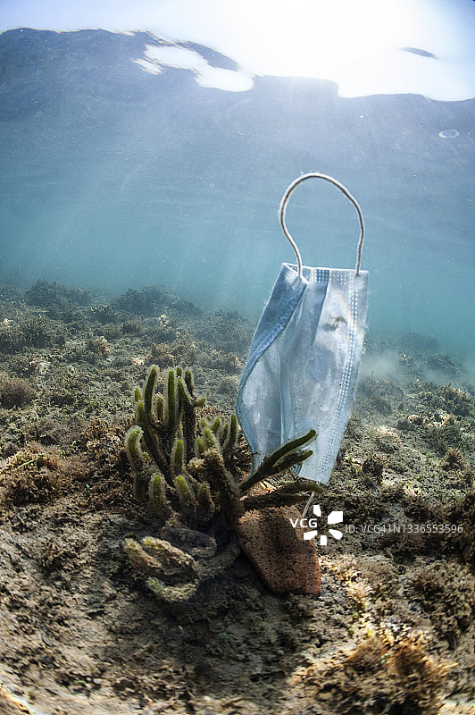 漂浮在海面上的废弃医用口罩，新冠病毒概念图片素材