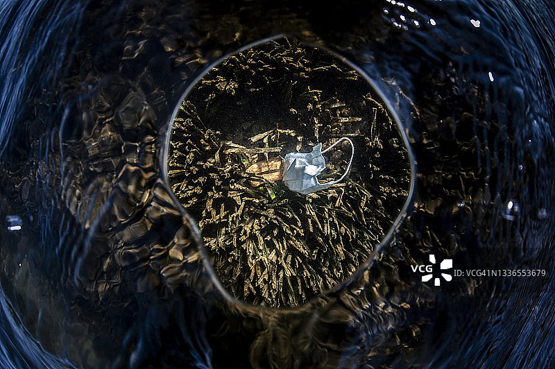 漂浮在海面上的废弃医用口罩，新冠病毒概念图片素材