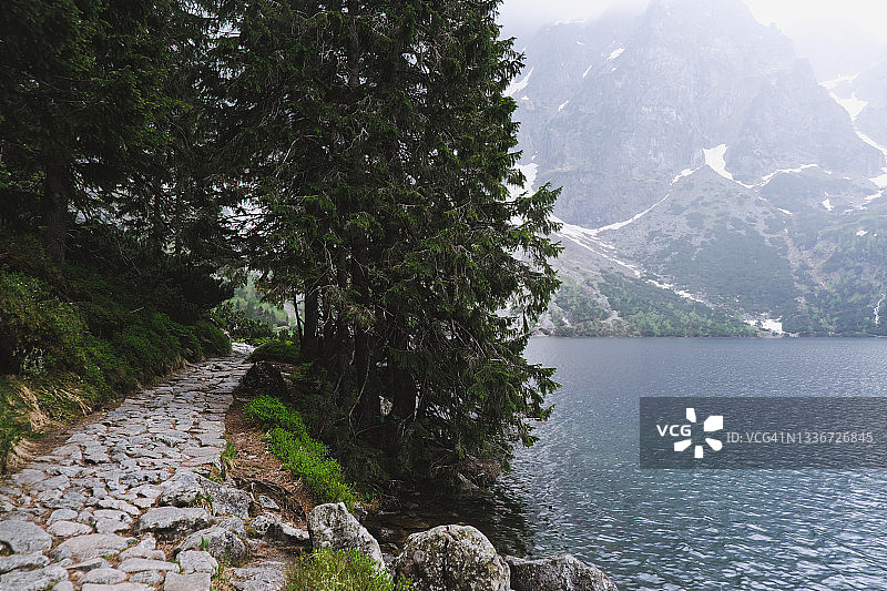 通往森林的山间湖泊和道路图片素材